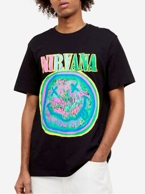 H&M Nirvana Smiley Face Rainbow Neon Graphic T-Shirt Multicolor